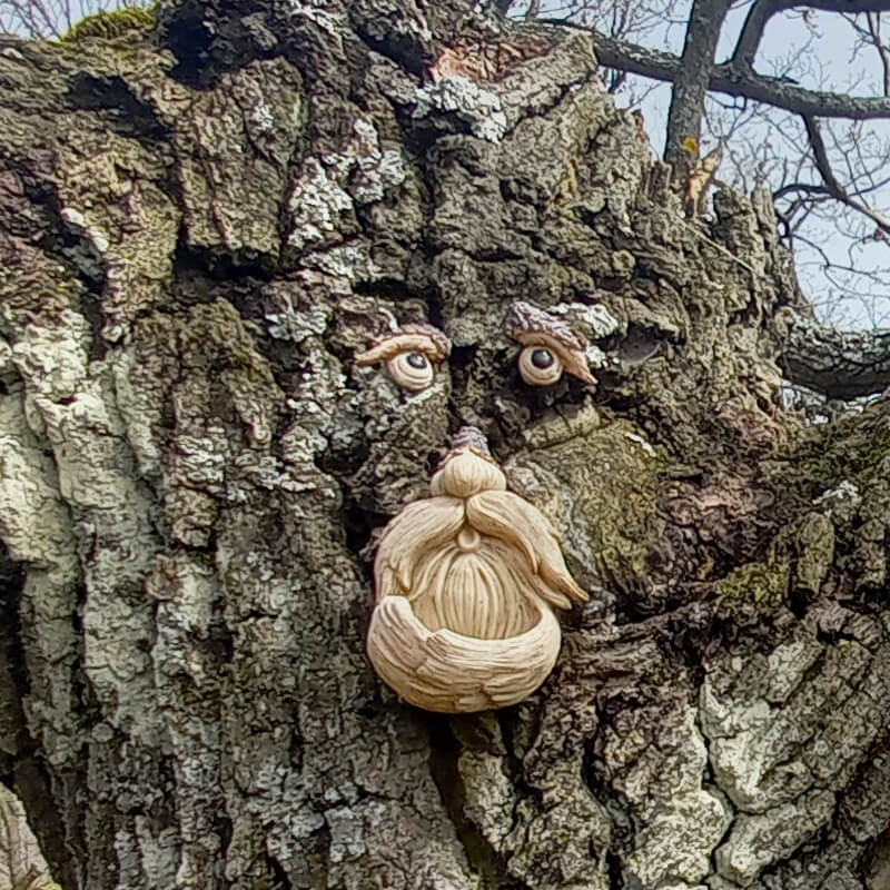 Egy fa törzsére erősített fapofa - szemek, orr, szakáll, bajusz.