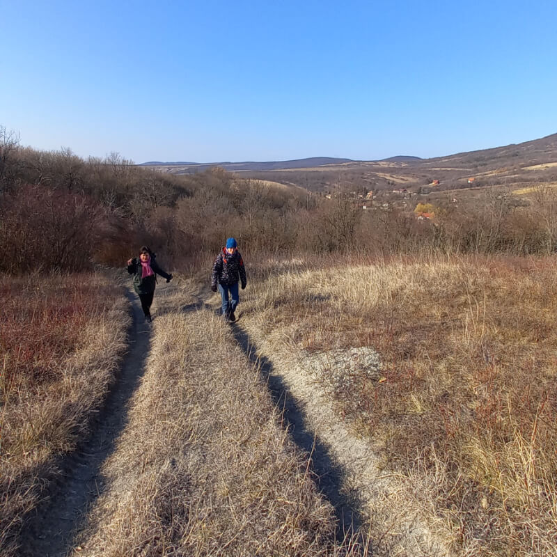 Két turista közeledik egy mezőn az úton, háttérben dombok.